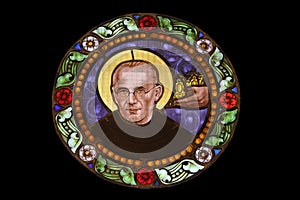 Saint Maximilian Kolbe, stained glass window in Basilica Assumption of the Virgin Mary in Marija Bistrica, Croatia