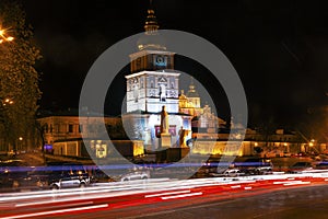 Saint Michael Monastery Night Traffic Kiev Ukraine