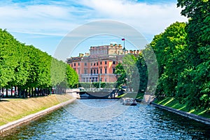 Saint Michael`s Castle Mikhailovsky Castle or Engineers` Castle and Lebyazhya Kanavka canal, St. Petersburg, Russia