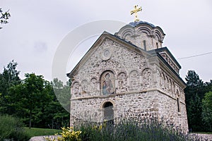 Saint mosaic in Orthodox monastery in Serbian national park Frushka Gora