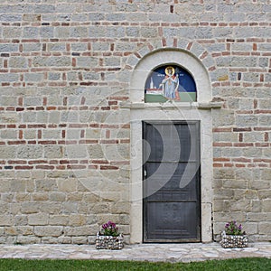 Saint mosaic in Orthodox monastery in Serbian national park Frushka Gora