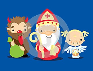 Saint Nicholas, Angel and a Devil Cartoon Illustration Simple Cute Flat Design