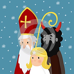 Saint Nicholas with angel, devil and falling snow. Cute Christmas invitation card, vector illustration, winter