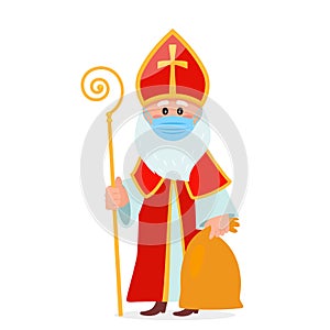 Saint Nicholas with a bag of gifts in a medical mask