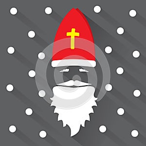 Saint Nicholas on black background with dots as snowflake and shadow. Greeting Card. Flat design vector illustration