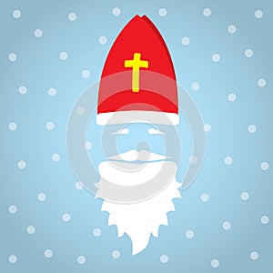 Saint Nicholas on blue background with dots as snowflake and shadow. Greeting Card. Flat design vector illustration