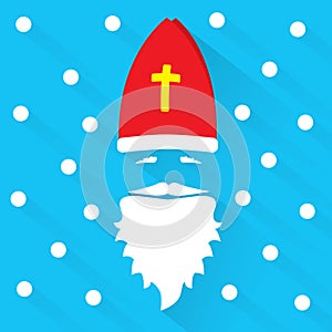 Saint Nicholas on blue background with dots as snowflake and shadow. Greeting Card. Flat design vector illustration