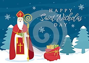 Saint Nicholas Day or Sinterklaas Celebration Template Hand Drawn Cartoon Flat Illustration with Gift Box and Winter Background