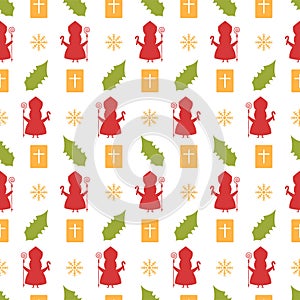 Saint Nicholas Day or Sinterklaas Seamless Pattern with Gift Box and Winter Background Hand Drawn Cartoon Illustration