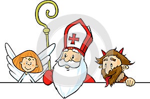 Saint Nicholas, devil and angel peeking out behind white surface - vector