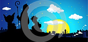 Saint Nicholas, Devil and Angel Silhouette Banner Townscape Vector