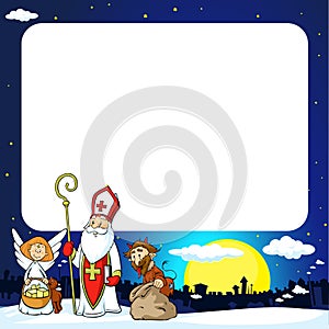 Saint Nicholas, devil and angel in town - vector illustration frame