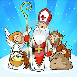 Saint Nicholas, devil and angel - vector illustration cartoon