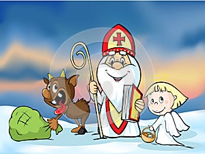 Saint Nicholas, devil and angel - vector illustration. During the Christmas season they are warning and punishing bad children an