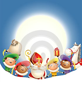 Sinterklaas Amerigo horse and Zwarte Piets celebrate holiday in front of moon - blue background with copy space photo