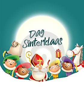 Saint Nicholas and his friends celebrate holiday in front of moon - Dag Sinterklaas - turquoise background with copy space photo