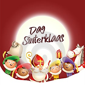 Saint Nicholas and his friends celebrate holiday in front of moon - Dag Sinterklass text - red background