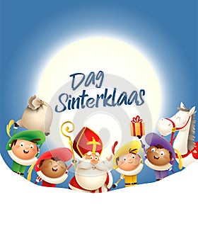 Saint Nicholas and his friends celebrate holiday in front of moon - text Dag Sinterklaas - blue background with copy space