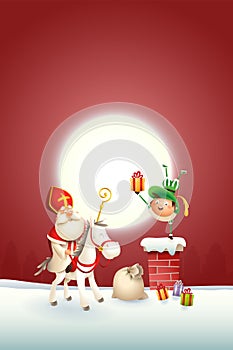 Saint Nicholas horse and helper Piet on chimney delivered gifts - happy cute characters celebrate holidays - vector illustration o