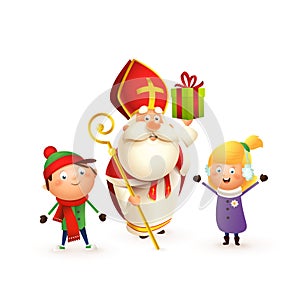 Saint Nicholas with kids girl and boy celebrate holidays - isolated on white background photo