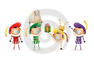 Saint Nicholas kids Zwarte Piet with anti virus mask celebrate Dutch holidays - cute vector illustration isolated on transparent b