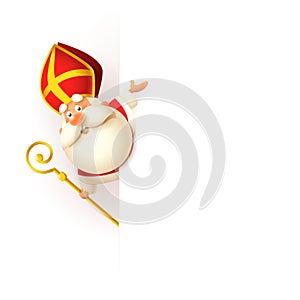 Saint Nicholas on left side of board - happy cute character celebrate holiday - vector illustration isolated on white