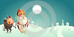 Saint Nicholas and Krampus are coming to town - winter scene - turquoise background