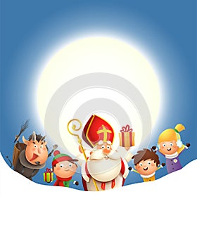 Saint Nicholas Krampus and kids celebrate holiday in front of moon - blue background with copy space