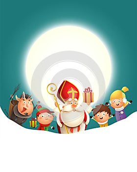 Saint Nicholas Krampus and kids celebrate holiday in front of moon - turquoise background with copy space