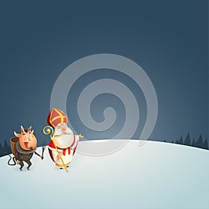 Saint Nicholas and Krampus at winter night presenting - vector illustration