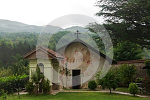 The Saint Nicholas of Myra church entrance in Serbian Orthodox monastery cloister Moracha in Montenegro