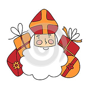 Saint Nicholas or Sinterklaas cute doodle portrait. vector illustration of St Nick with presents, simple doodle with