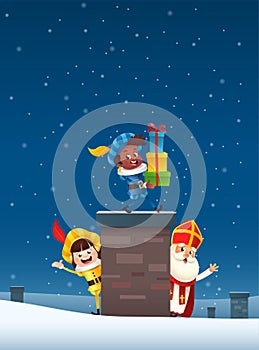 Saint Nicholas or Sinterklaas and friends on roof - bring gifts via chimney Saint Nicholas day - winter scene