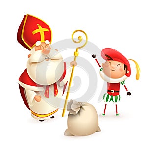 Saint Nicholas or Sinterklaas and helper Zwarte Piet with gift bag isolated on white background