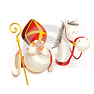 Saint Nicholas Sinterklaas with horse on board - vector illustration isolated on transparent background