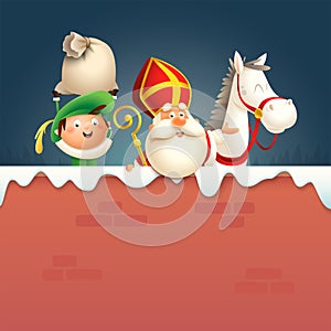 Saint Nicholas or Sinterklaas horse and helper Pete on board - happy cute characters celebrate Dutch holiday on winter wall - vect