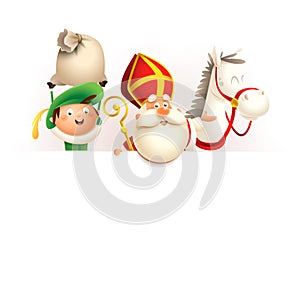 Saint Nicholas or Sinterklaas horse and helper Zwarte Piet on board - happy cute characters celebrate Dutch holiday - vector illus