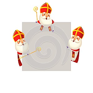 Saint Nicholas or Sinterklaas on left and right side of board and on top - grouped and isolated 3D vector illustration