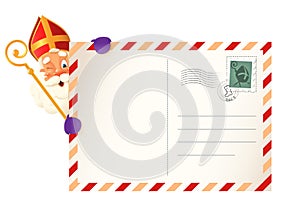 Saint Nicholas - Sinterklaas peeking on left side of letter - vintage vector illustration isolated