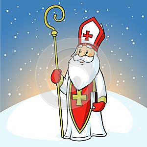 Saint Nicholas on snowy background - vector