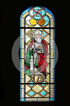 Saint Nicholas, stained glass window in the Shrine of the Queen of Peace in Hrasno, Bosnia and Herzegovina