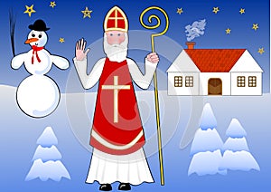 Saint Nicholas walks snowy night landscape, old country house and snowman on background