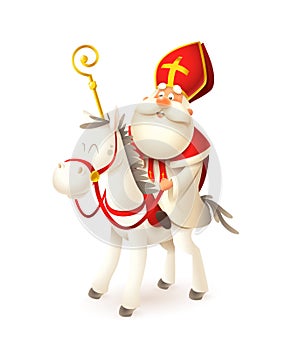 Saint Nicholas on white horse - Sinterklaas and Amerigo vector illustration isolated on white