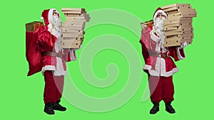 Saint nick with bag and pizza boxes pile