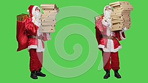 Saint nick with bag and pizza boxes pile