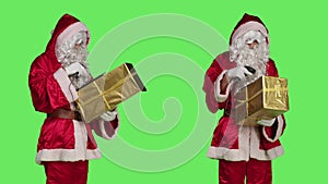 Saint nick character scanning gift box