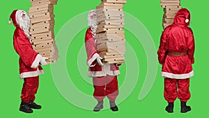 Saint nick holding pizza boxes