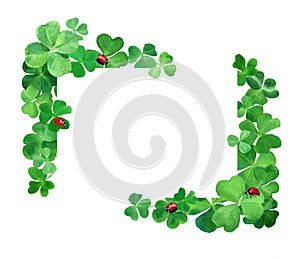 Saint Patrick day background. Watercolor clover grass border with bugs. Botany frame