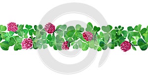 Saint Patrick day background. Watercolor clover grass border with flowers. Botany frame
