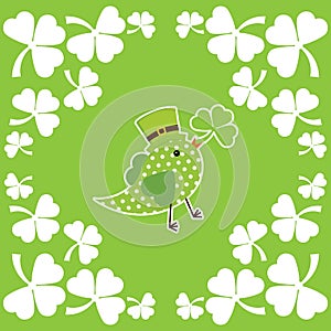Saint Patrick Day card with cute birds on shamrock leaves frame